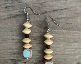 Dangle earrings, drop beaded bar, mix saucer and cube beads