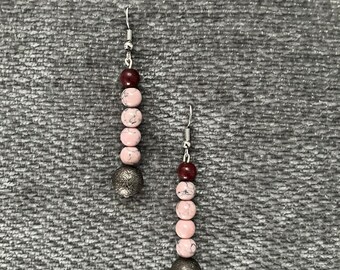 Beaded dangle earrings, Bar earrings, blush pink and burgundy and grey drop earrings