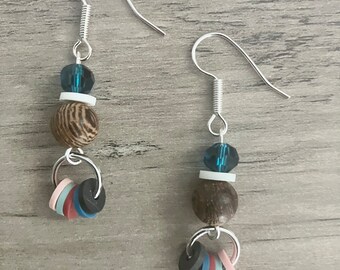 Multicolor teardrop earring, Beaded and polymer clay disk dangle earrings