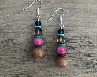 Multicolor dangle earrings, 4 bead drop earrings, ceramic and glass dangling earrings