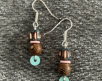 Teardrop earrings, Glass and wood bead dangle earrings