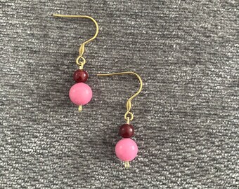 Burgundy and Pink Dangle Earring, Small drop earrings
