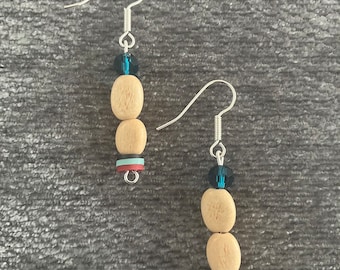 Beige wood dangle earrings, glass bead and polymer clay drop earrings