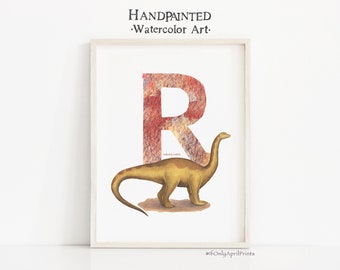Riojasaurus Dinosaur Print: Letter R, Watercolor ABC Art (Digital Download)