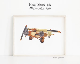 Impresión de acuarela de un avión vintage: Decoración de transporte para habitación infantil (Descarga digital)