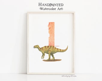 Letter I, Iguanodon Dinosaur print, Vertical ABC Dinosaur Illustration , Alphabet Dinosaur Wall Art, kids room decor, Printable ABC art