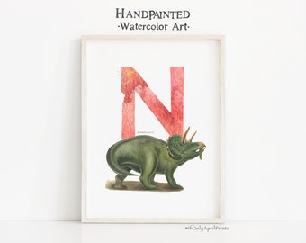Letter N Nedoceratops Dinosaur Watercolor Print: Kids Room Decor (Digital Download)