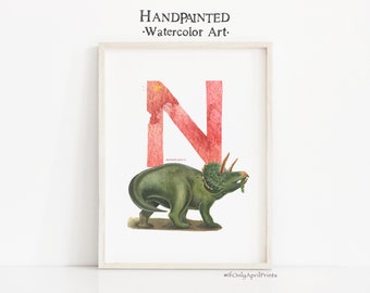 Letter N, Nedoceratops Dinosaur print, Vertical ABC Dinosaur Illustration , Alphabet Dinosaur Wall Art, kids room decor, Printable ABC art