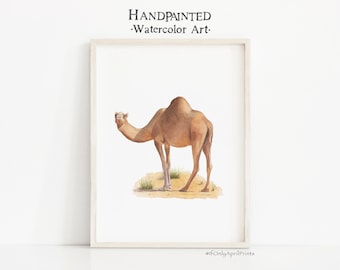Stampa artistica di un cammello dipinto a mano con acquerello: decorazione per cameretta dei bambini in stile safari (download digitale)
