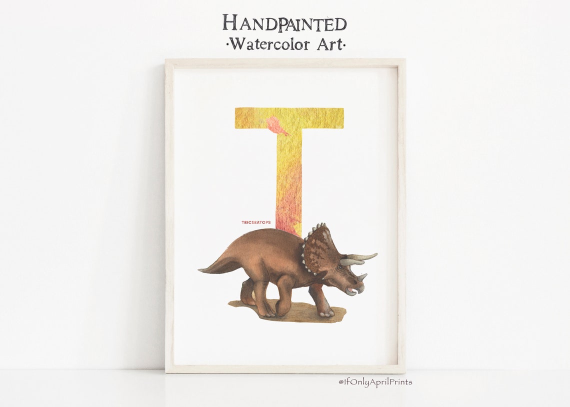 Letter T, Triceratops Dinosaur Print, Vertical ABC Dinosaur ...