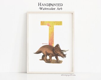 Letter T, Triceratops Dinosaur print, Vertical ABC Dinosaur Illustration , Alphabet Dinosaur Wall Art, kids room decor, Printable ABC art