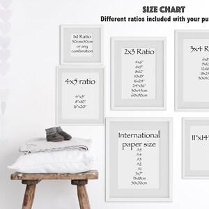 May include: A white wall with a size chart for different photo print ratios. The chart includes 1:1, 4:5, 2:3, 3:4, and 11x14 inch sizes. The chart also includes international paper sizes, such as A5, A4, A3, A2, A1, and A0.