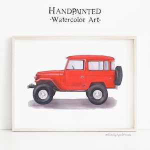 Rojo Vintage Jeep acuarela impresión, DESCARGA DIGITAL, Arte de transporte vintage, arte de la pared del vehículo, decoración de la pared de la habitación del niño, decoración de la sala de juegos, impresión suV