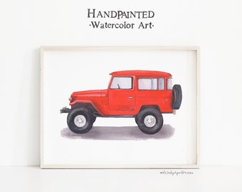 Red Vintage Jeep Watercolor Print, DIGITAL DOWNLOAD, Vintage Transport Art, Vehicle Wall art, Boy Room Wall Decor, Playroom Decor, SUV Print