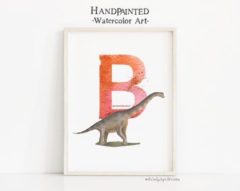 Lettre B, empreinte de dinosaure Brachiosaurus, Illustration verticale de dinosaure d’ABC , Alphabet Dinosaur Wall Art, décor de chambre pour enfants, Imprimable