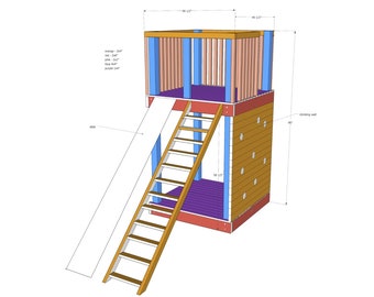 May include: A wooden playset with a slide, ladder, and climbing wall. The playset is painted in various colours, including orange, red, yellow, blue, and purple. The playset is 123 cm wide and 91 cm tall.