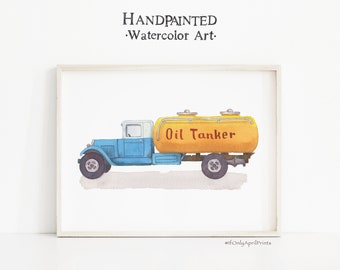 Vintage Öltanker Aquarell Druck, DIGITAL DOWNLOAD, Transport Wandkunst, Junge Geschenkidee, Kleinkind Zimmer Dekor, Original Aquarell Druck