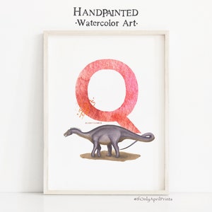 Buchstabe Q, Quaesitosaurus Dinosaurier Druck, vertikale ABC Dinosaurier Illustration, Alphabet Dinosaurier Wandkunst, Kinderzimmer Dekor, druckbare ABC-Kunst