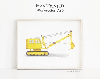 Vintage Excavator Print, DIGITAL DOWNLOAD, Watercolor Transport Print, Kids Room Decor, Construction Truck Art, Watercolor Wall Art