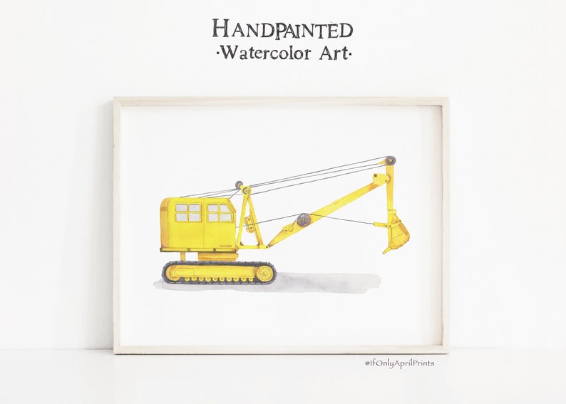 Vintage Excavator Print, DIGITAL DOWNLOAD, Watercolor Transport Print, Kids Room Decor, Construction Truck Art, Watercolor Wall Art image 1