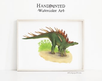 Impressão de dinossauro estegossauro em aquarela: arte de parede para berçário infantil (download digital)