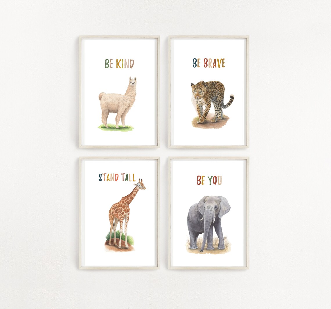 Set of 4 Prints, Animals Print for Kids, Animal Printable, Be Brave, Be