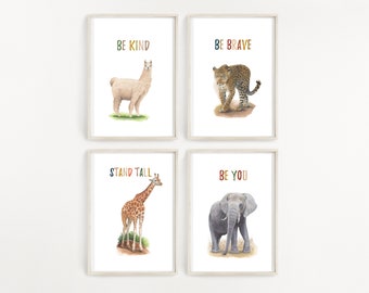 Set of 4 prints, animals print for kids, animal printable, be brave, be kind, be you printable, nursery decor, kids room decor, watercolor