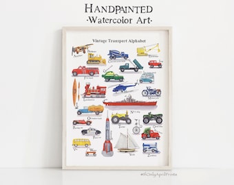 Watercolor Transport Alphabet Print: Vintage Kids Room Decor (Digital Download)