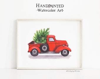 Watercolor Christmas Truck Print: Vintage Red Truck, Boys Room Decor (Digital Download)