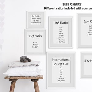 May include: A white wall with a size chart for different photo print ratios. The chart includes 1:1, 4:5, 2:3, 3:4, and 11x14 inch sizes. The chart also includes international paper sizes, such as A5, A4, A3, A2, A1, and A0.
