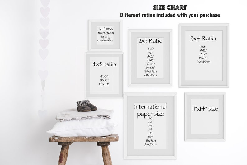 May include: A white wall with a size chart for different photo print ratios. The chart includes 1:1, 4:5, 2:3, 3:4, and 11x14 inch sizes. The chart also includes international paper sizes, such as A5, A4, A3, A2, A1, and A0.