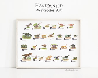 Hand-Painted Dinosaur Alphabet Watercolor Print: Nursery Decor (Digital Download)