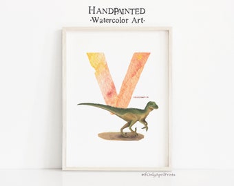 Letter V Velociraptor Print: Watercolor Dinosaur ABC Art (Digital Download)