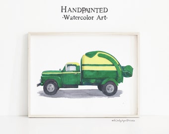 Watercolor Garbage Truck Print: Green & Yellow Nursery Art (Digital Download)