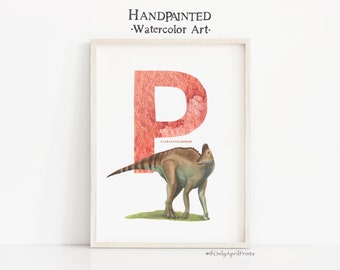 Letter P, Parasaurolophus Dinosaur print, Vertical ABC Dinosaur Illustration, Alphabet Dinosaur Wall Art, kids room decor, Printable ABC art