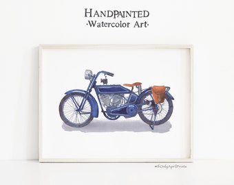 Blue Motorcycle Watercolor Print, DIGITAL DOWNLOAD, Vintage Motorcycle Art, Father Gift, Kids Room Wall Decor, Boyfriend Gift, Printable