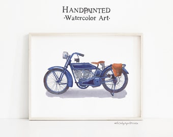 Blue Motorcycle Watercolor Art Print: Vintage Bike (Digital Download)