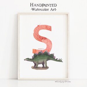 Buchstabe S, Stegosaurus Dinosaurier Druck, vertikale ABC Dinosaurier Illustration, Alphabet Dinosaurier Wandkunst, Kinderzimmer Dekor, druckbare ABC-Kunst