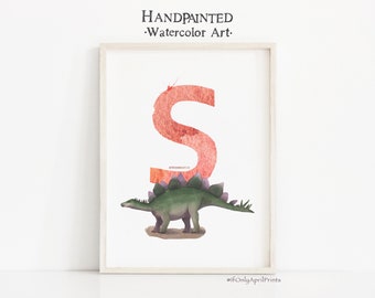 Letter S, Stegosaurus Dinosaur print, Vertical ABC Dinosaur Illustration , Alphabet Dinosaur Wall Art, kids room decor, Printable ABC art