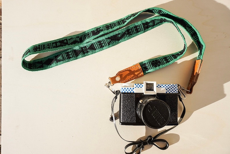 handmade in Oaxaca Handwoven cotton and leather camera neckstrap Mexico