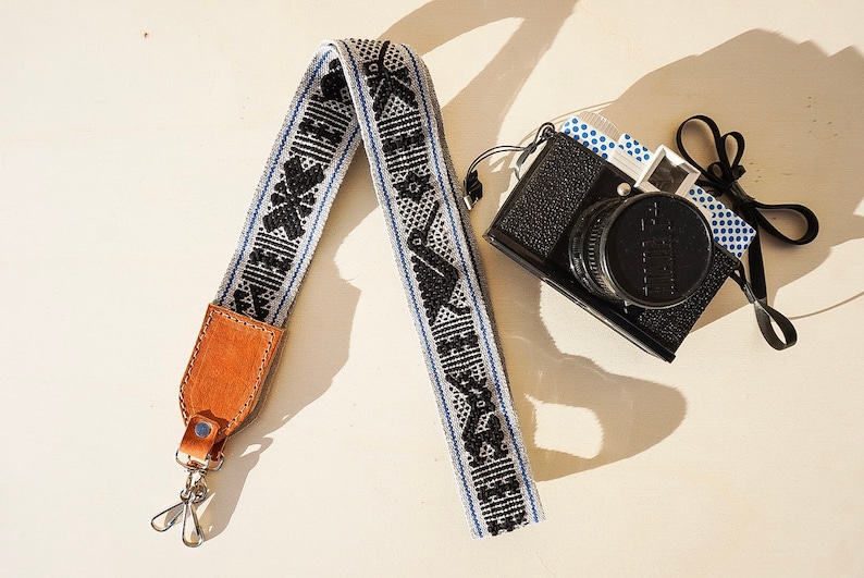 handmade in Oaxaca Handwoven cotton and leather camera neckstrap Mexico
