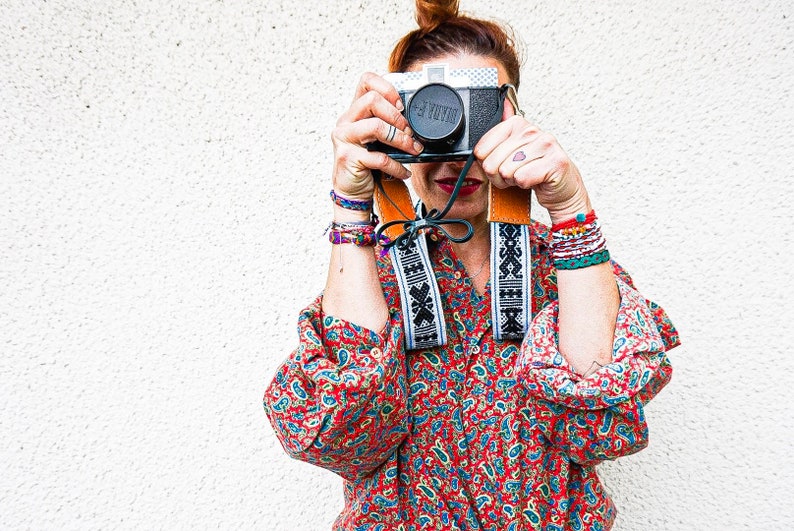 handmade in Oaxaca Handwoven cotton and leather camera neckstrap Mexico