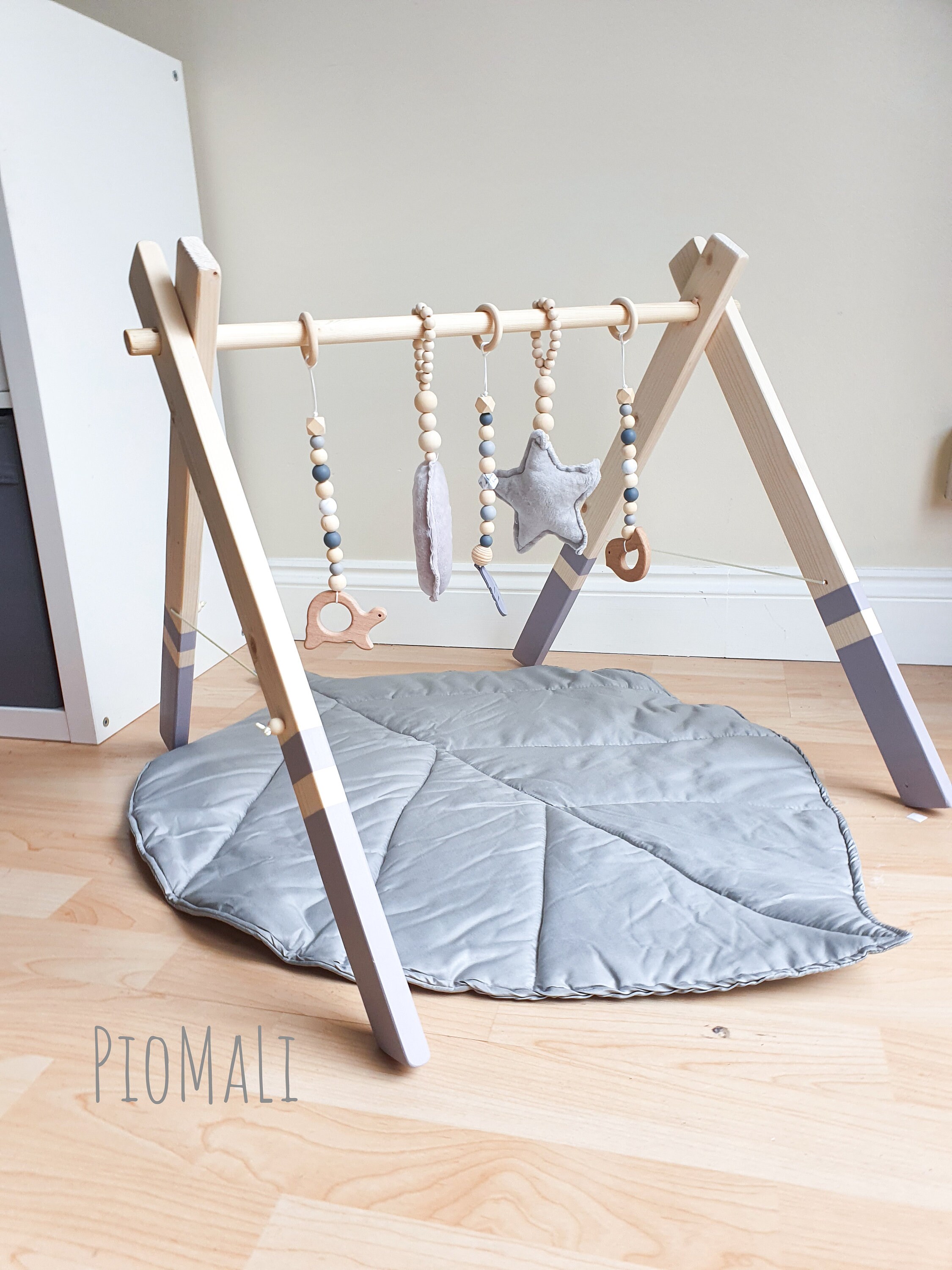 Wooden Baby Gym Frame and Hanging Toys Set Leaf Play Mat Etsy UK