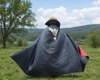 May include: A dark blue cape with a black collar and a red accent. The cape features a white emblem with gold detailing. The image is set outdoors with a green field, trees, and a blue sky.