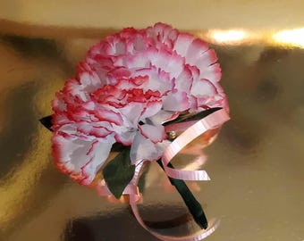 White Pink Tipped Silk Flower Corsage