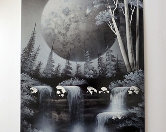 Original Black and white waterfall landscape with moon space painting: Spray paint art by Gamer Graffiti - Made to Order