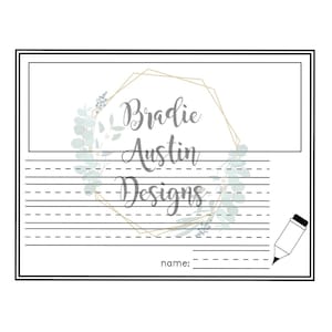 May include: A printable worksheet with a floral wreath and geometric frame. The text "Bradie Austin Designs" is in the center of the wreath. There is a line for a name at the bottom of the page.