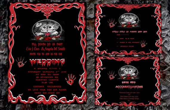 4 Skull Bride /& Groom Personalised Gothic Invitations /& Envelopes