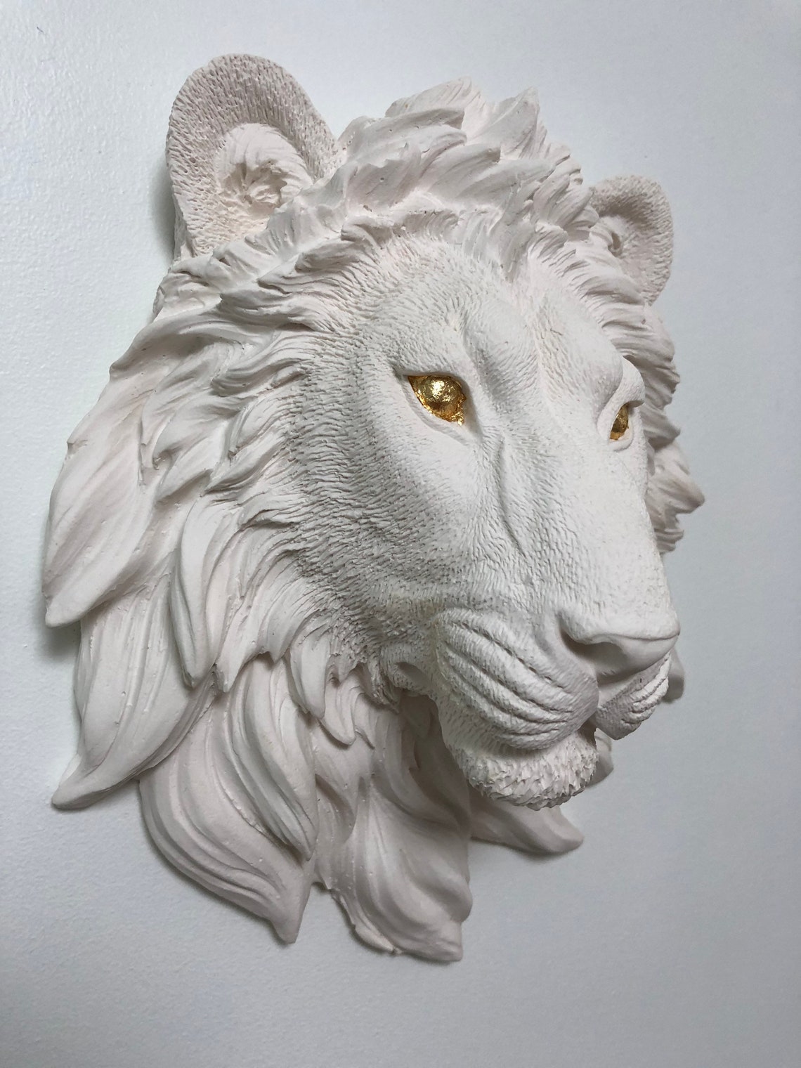 Sculpture of a Lions Head WHITE & GOLD EYES Wall decor Etsy