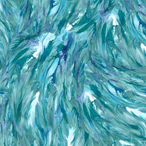 May include: An abstract painting featuring a dynamic blend of teal, turquoise, and deep blue paint strokes. The composition displays layered, feather-like textures with bright white highlights and subtle violet undertones, creating a sense of fluid motion.